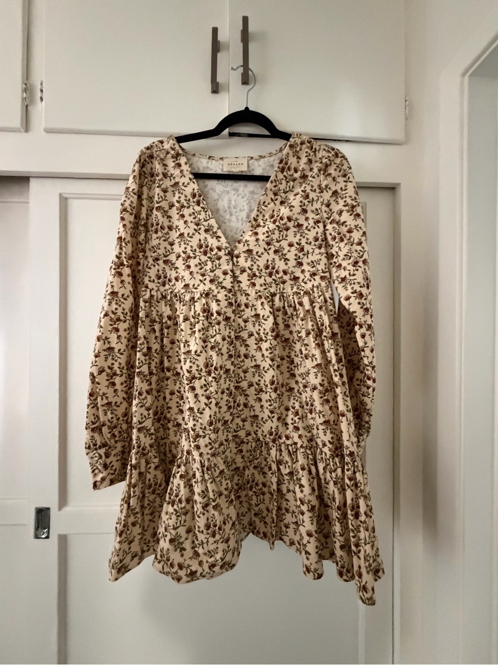 Sezane Cream Floral V-Neck Long Sleeve Babydoll